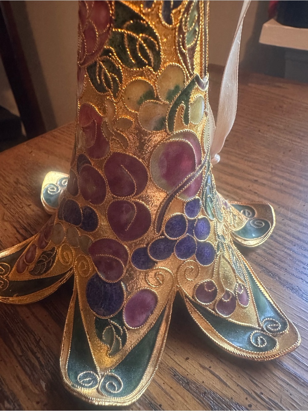 Gold Embroidered Holiday Ornament with Purple and Green Accents